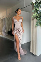 Blushing Pink Pleated V-Neck Prom Dress with High Slit BM bride