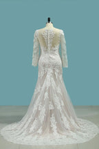 Long Sleeve Bateau Floor-Length Mermaid Wedding Dress with Lace Appliques BM bride
