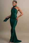 Halter Backless Sleeveless Mermaid Long Prom Dress With Ruffles