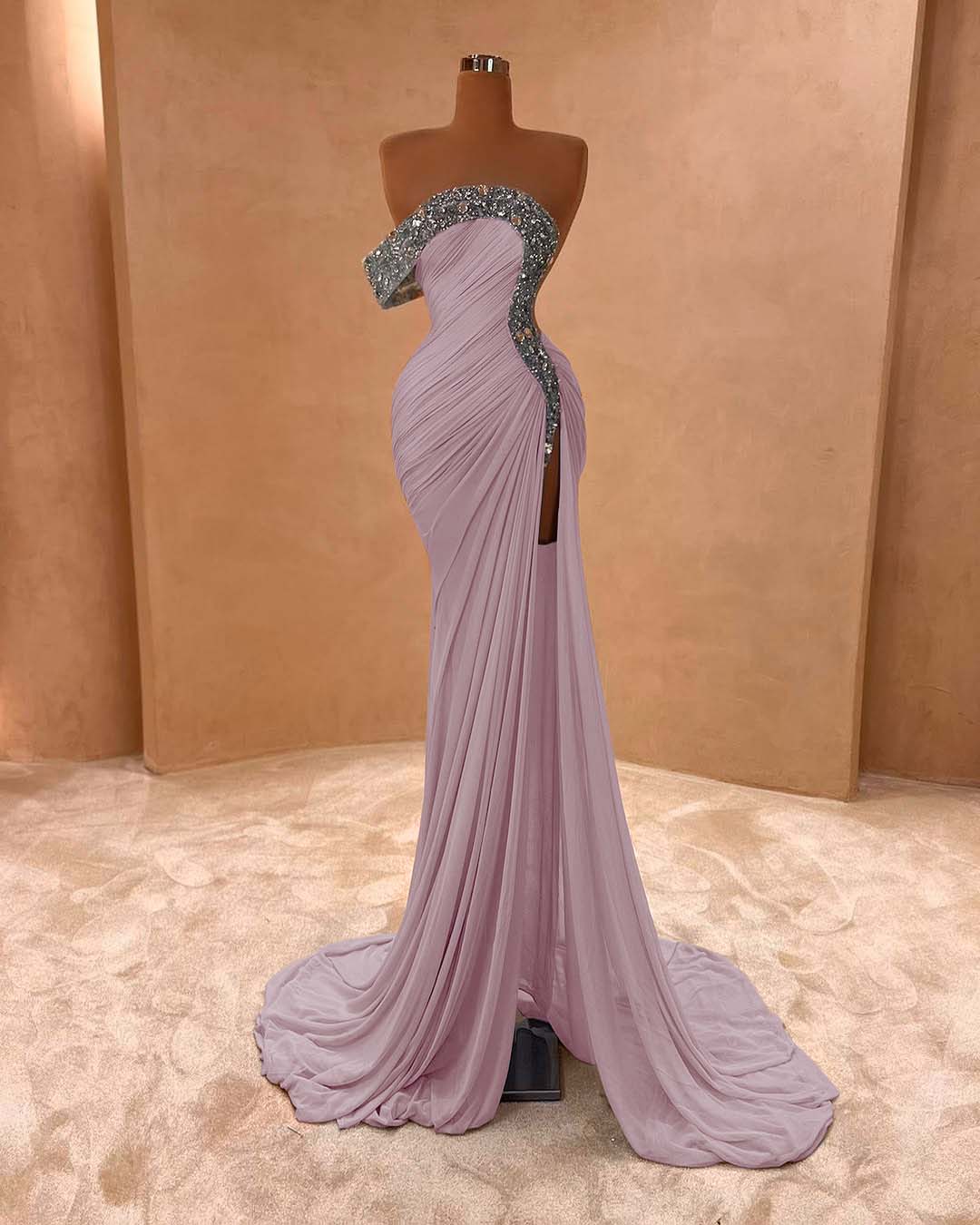 One Shoulder Sleeveless Long Split Prom Dress With Pleated Sequins BMBRIDE