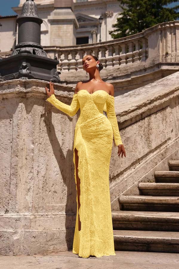 Off the Shoulder Long Sleeves Long Mermaid Prom Dress With Lace Appliques BMBRIDE