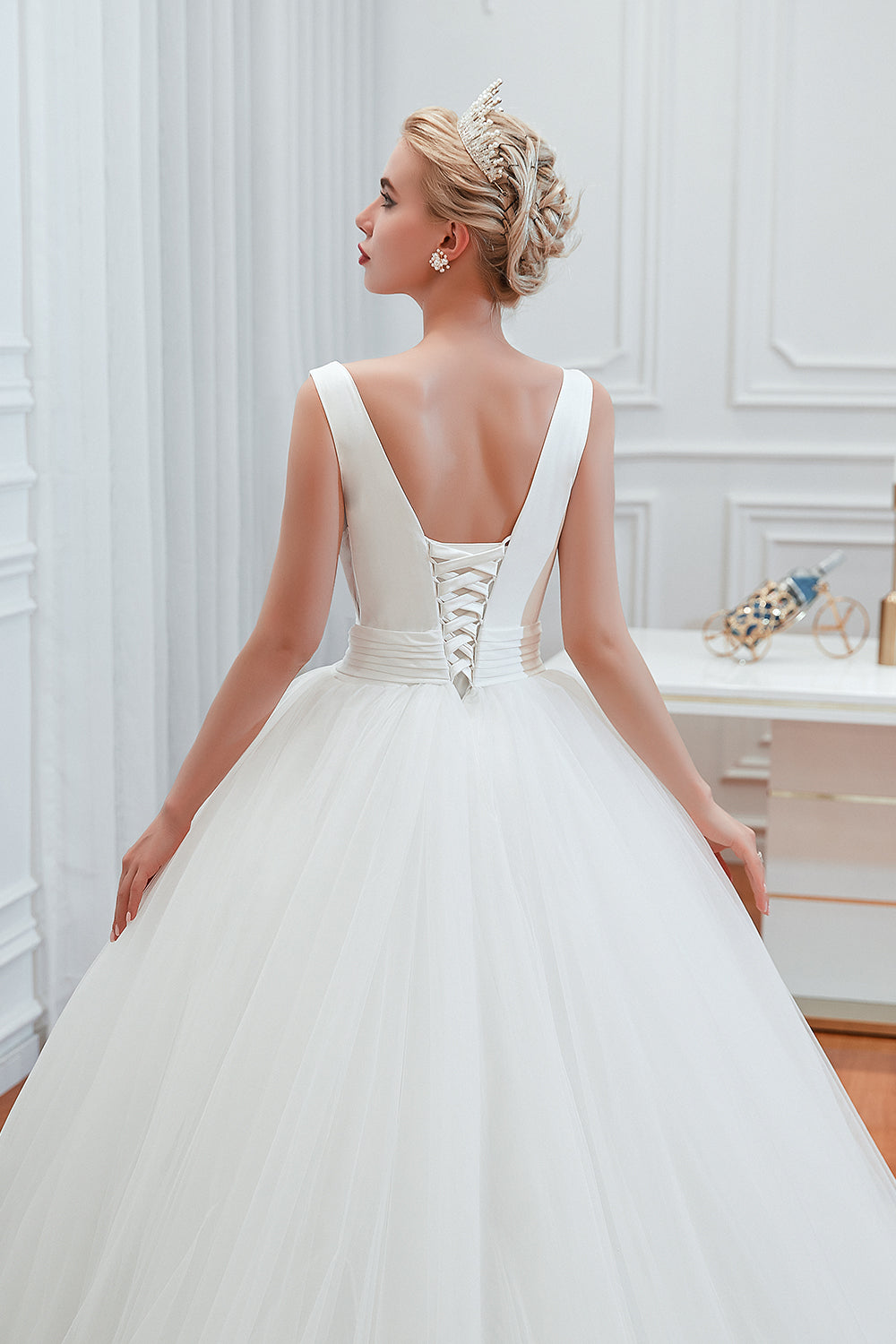 Wide Strap Deep V-Neck Floor-Length A-Line Wedding Dress with Tulle BM bride