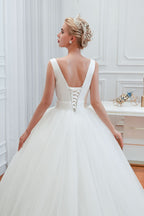 Wide Strap Deep V-Neck Floor-Length A-Line Wedding Dress with Tulle BM bride