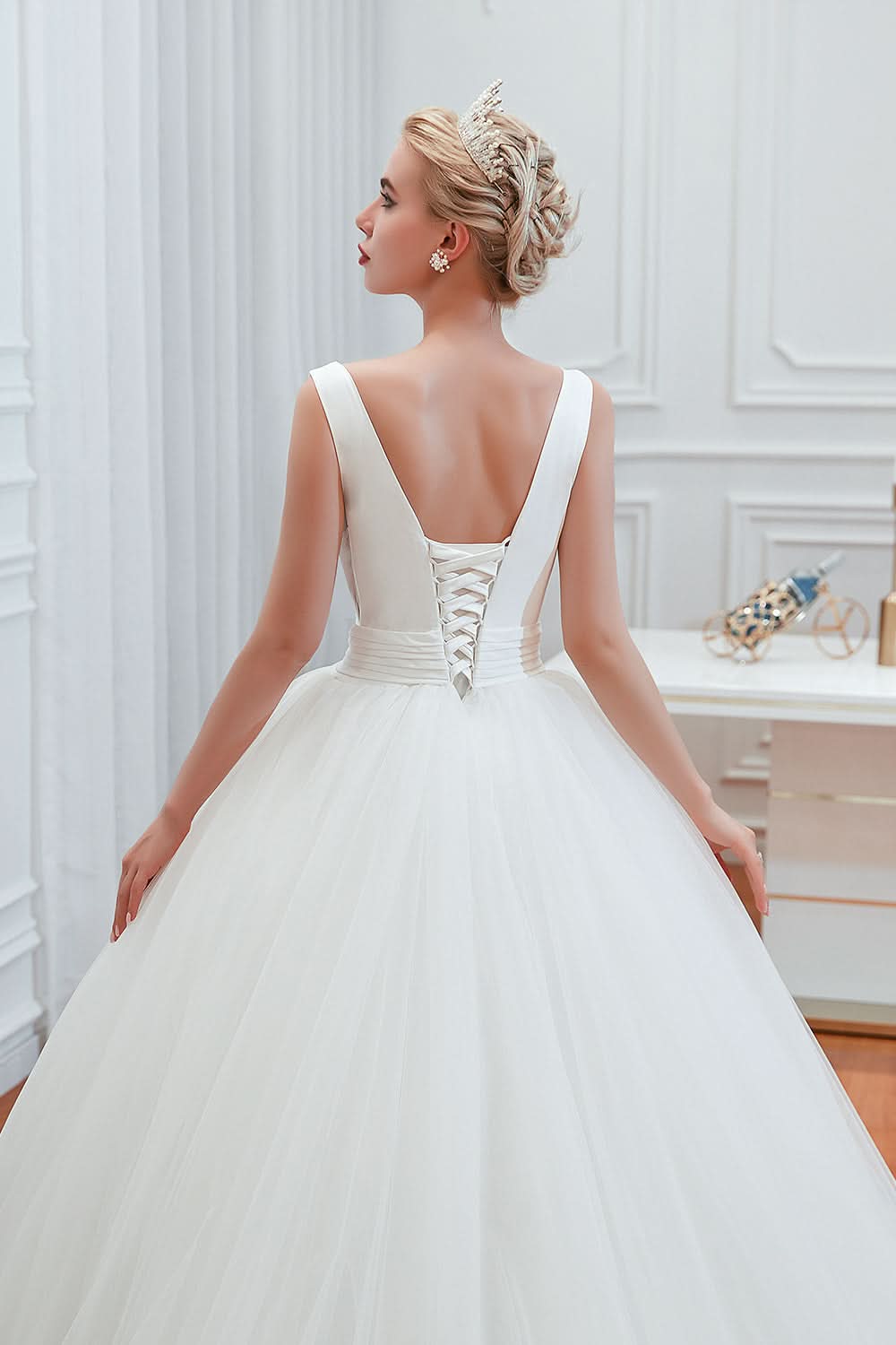 Wide Strap Deep V-Neck Floor-Length A-Line Wedding Dress with Tulle BM bride