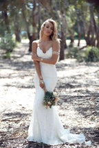 Elegant Spaghetti Strap V-Neck Open Back Mermaid Wedding Dress with Floral Lace BM bride