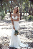 Elegant Spaghetti Strap V-Neck Open Back Mermaid Wedding Dress with Floral Lace BM bride