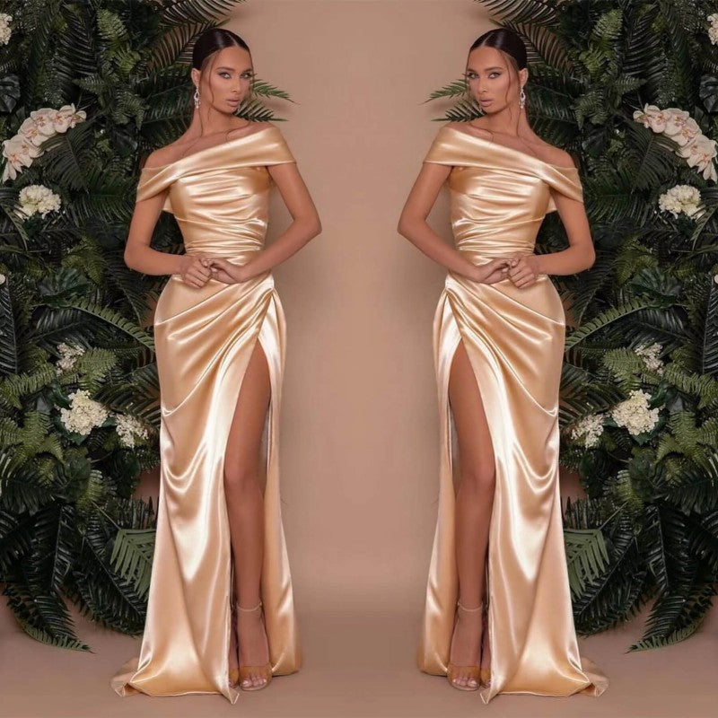 Champagne Off-The-Shoulder Charmeuse Prom Dress with Split Mermaid BM bride