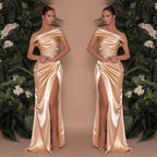 Champagne Off-The-Shoulder Charmeuse Prom Dress with Split Mermaid BM bride
