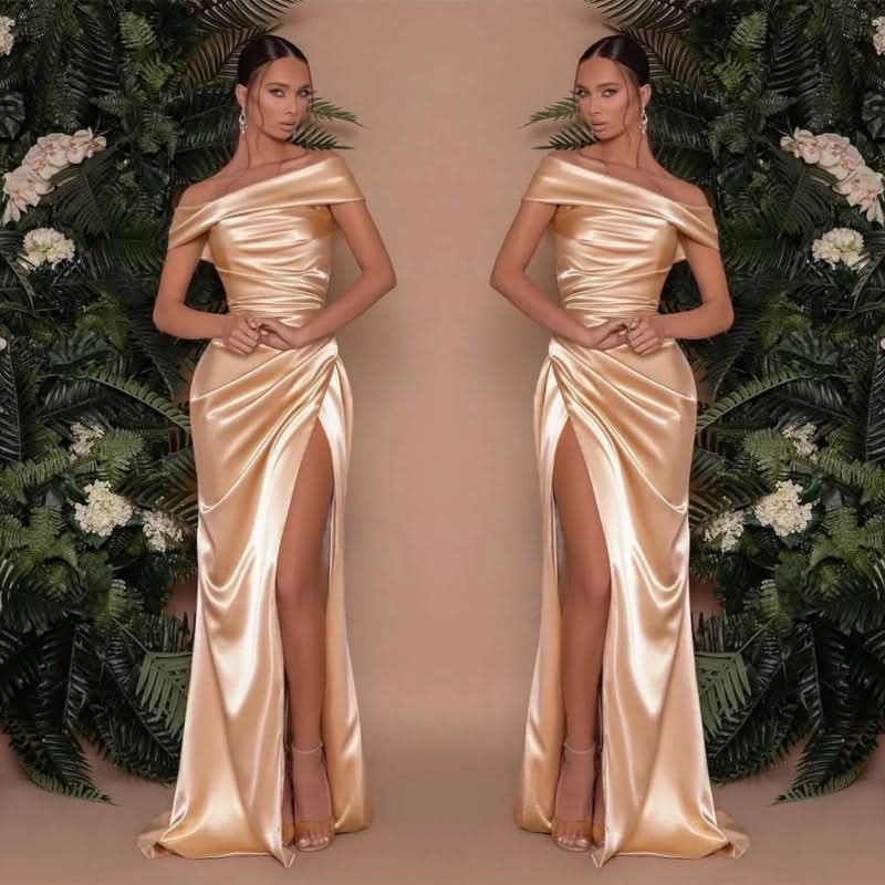 Champagne Off-The-Shoulder Charmeuse Prom Dress with Split Mermaid BM bride