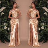 Champagne Off-The-Shoulder Charmeuse Prom Dress with Split Mermaid BM bride