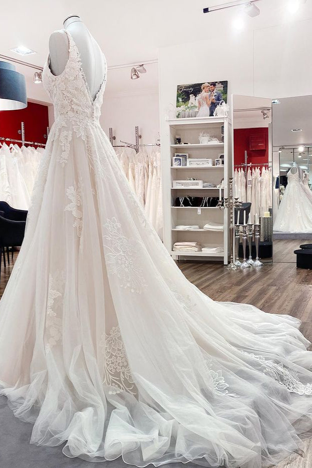 Simple V-Neck Long A-Line Tulle Lace Wedding Dress with Open Back and Appliques BM bride