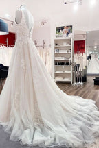 Simple V-Neck Long A-Line Tulle Lace Wedding Dress with Open Back and Appliques BM bride