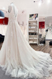 Simple V-Neck Long A-Line Tulle Lace Wedding Dress with Open Back and Appliques BM bride