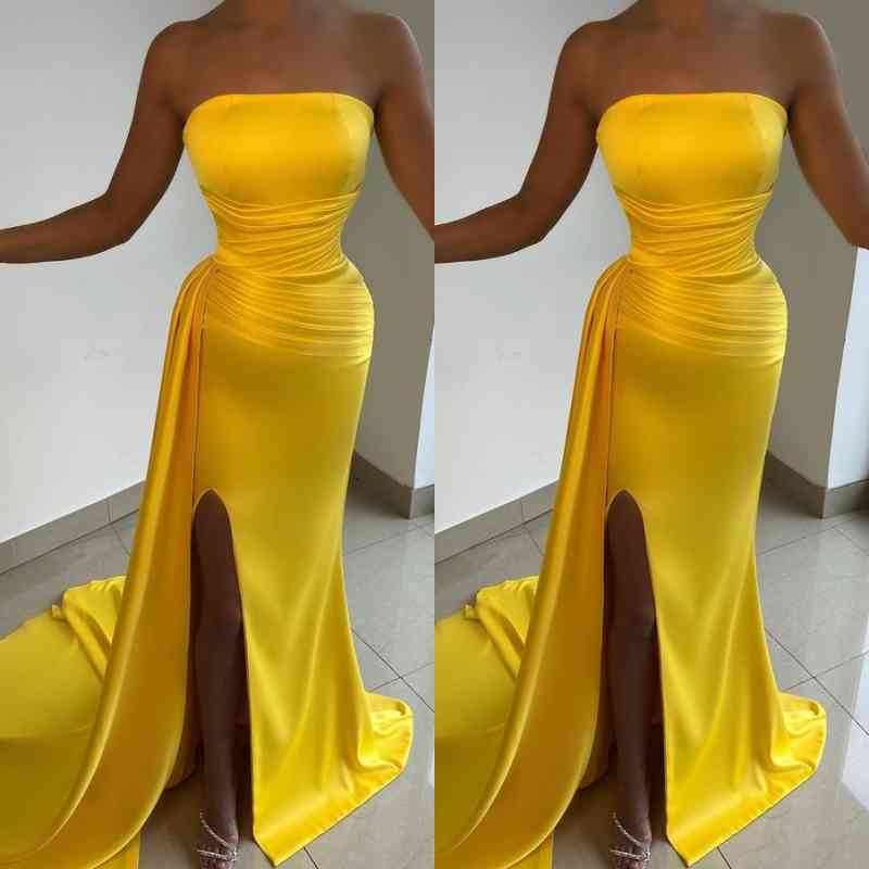 Light Yellow Strapless Sleeveless Prom Dress with Pleated Split BM bride