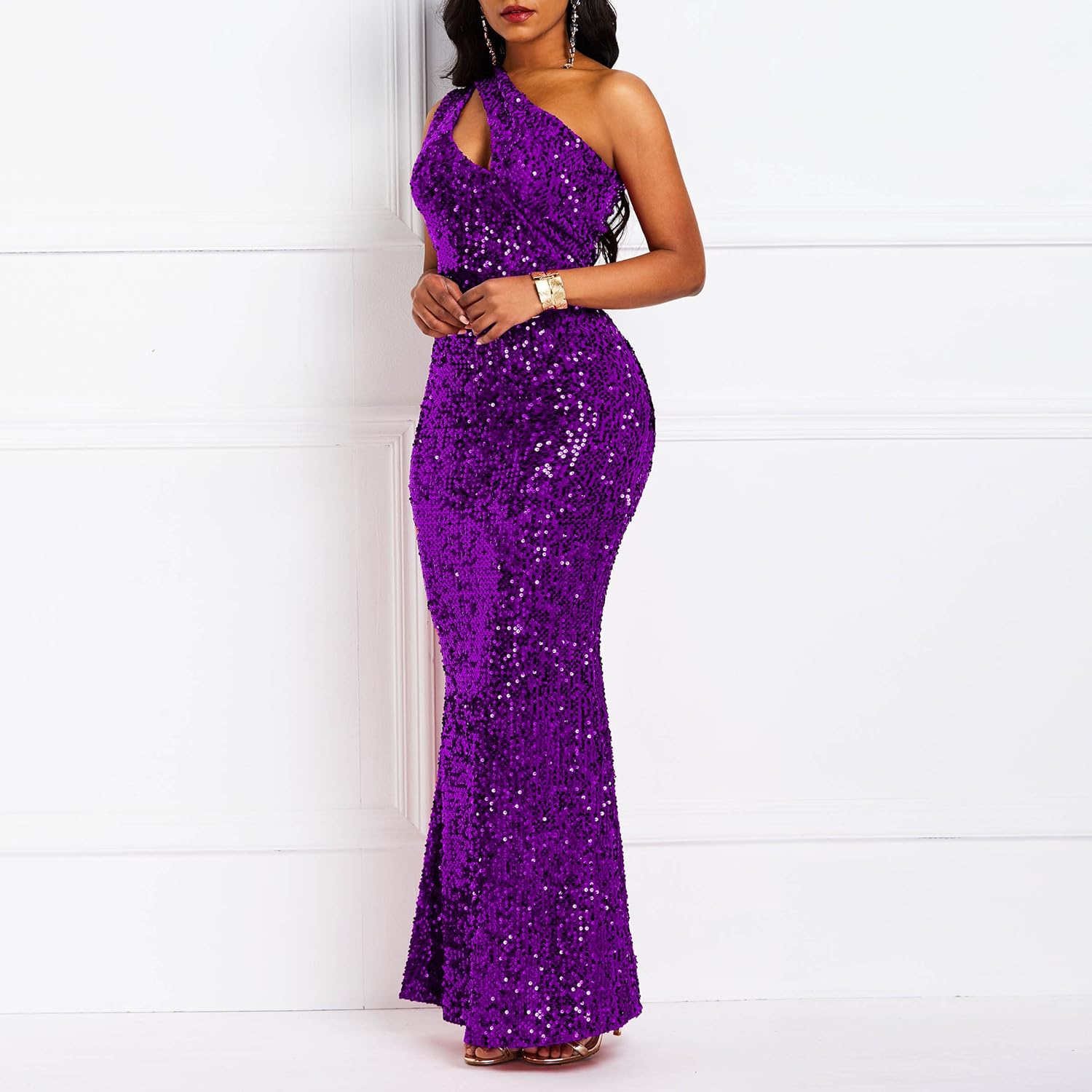 Sequins Fashion Sleeveless Oblique Collar Mermaid Women's Maxi Dress Bodycon Dress Party Dress