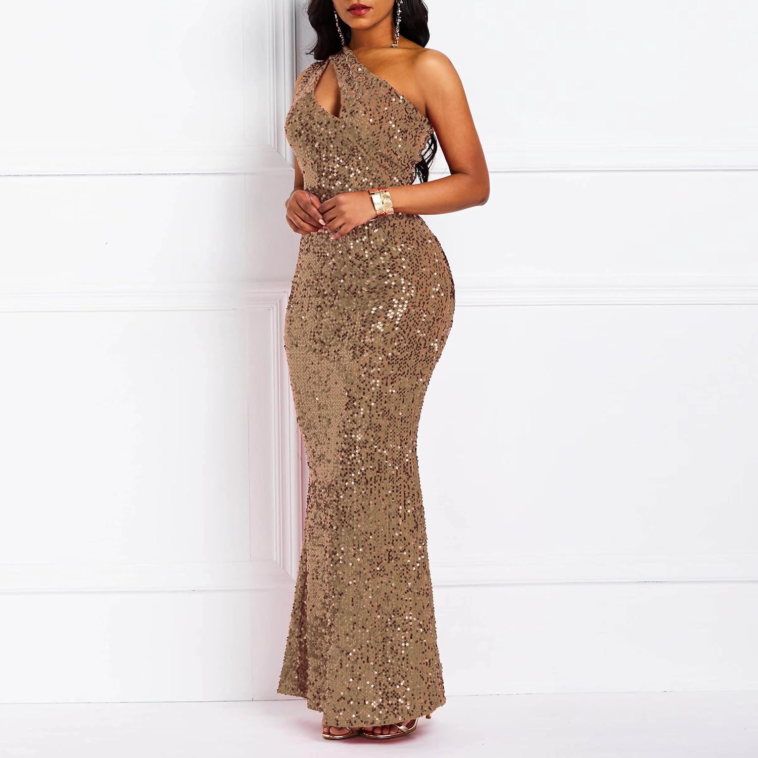 Sequins Fashion Sleeveless Oblique Collar Mermaid Women's Maxi Dress Bodycon Dress Party Dress
