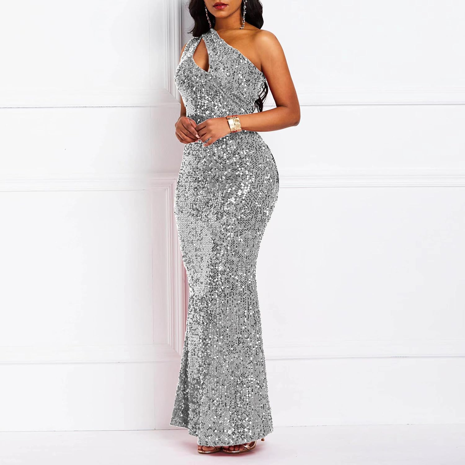 Sequins Fashion Sleeveless Oblique Collar Mermaid Women's Maxi Dress Bodycon Dress Party Dress