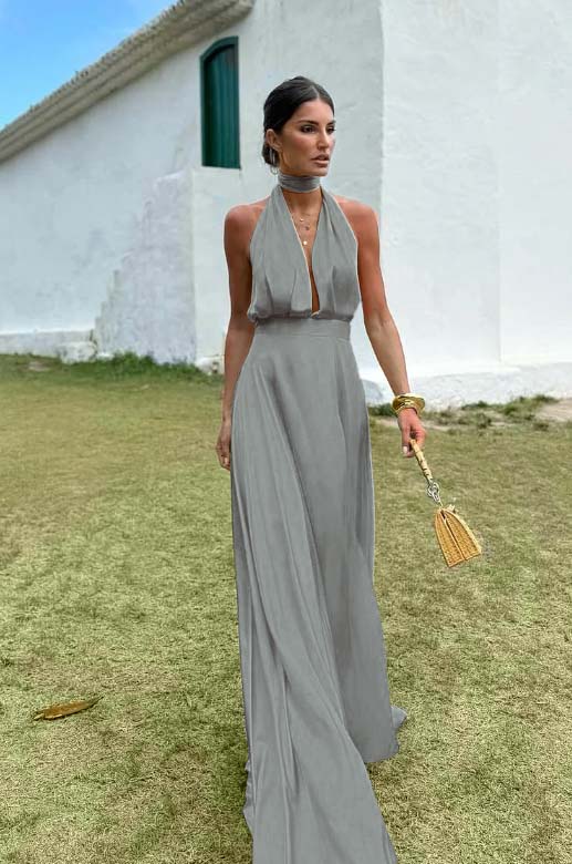 Charming Sleeveless Halter V Neck Long Prom Dress With Pleated BMBRIDE