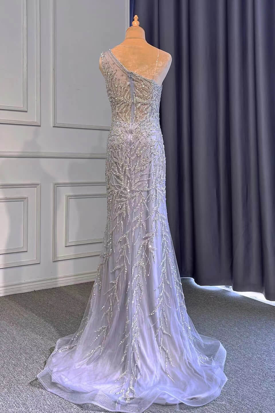Light Purple Front Split One-Shoulder Beaded Mermaid Prom Dress with Long Ruffles BM bride