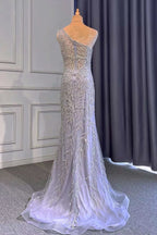 Light Purple Front Split One-Shoulder Beaded Mermaid Prom Dress with Long Ruffles BM bride