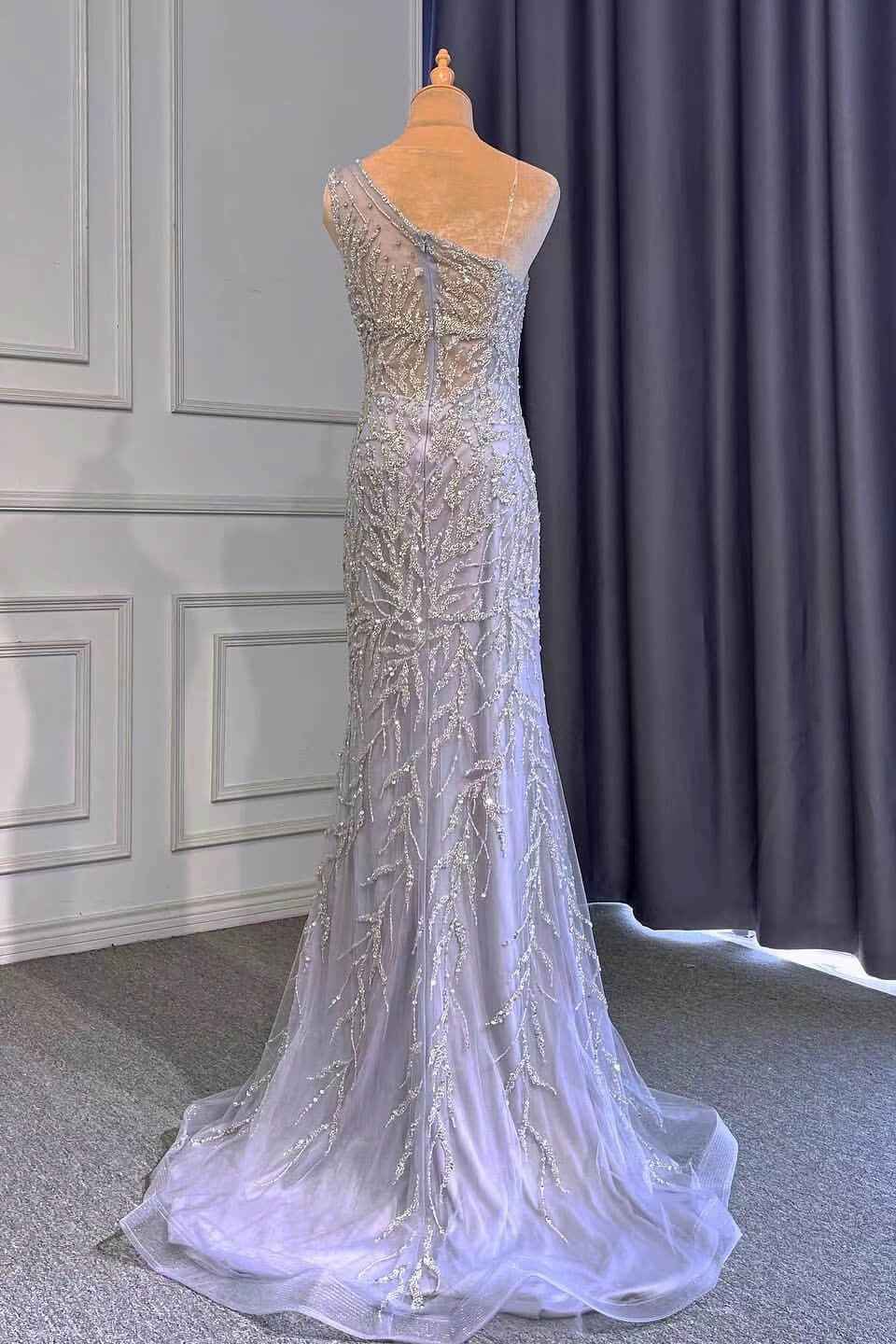 Light Purple Mermaid Beads One Shoulder Prom Dress With Long Ruffles Appliques Front Split