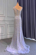 Light Purple Mermaid Beads One Shoulder Prom Dress With Long Ruffles Appliques Front Split