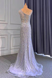 Light Purple Front Split One-Shoulder Beaded Mermaid Prom Dress with Long Ruffles BM bride