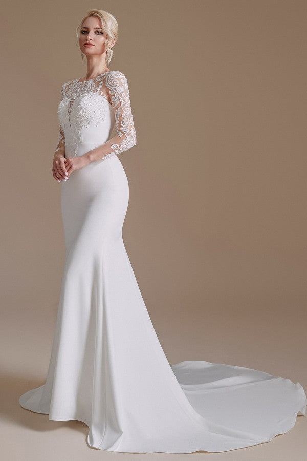 Jewel Neck Satin Lace Long Sleeve Mermaid Wedding Dress BM bride