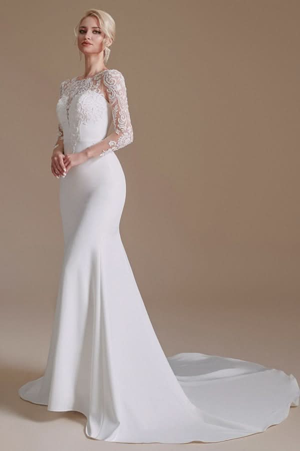 Jewel Neck Satin Lace Long Sleeve Mermaid Wedding Dress BM bride
