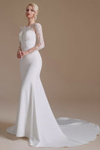 Jewel Neck Satin Lace Long Sleeve Mermaid Wedding Dress BM bride