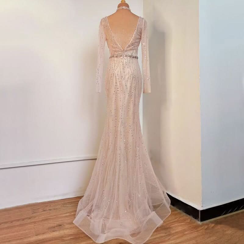 Luxury Champagne Sequin Beading Evening Dress with Long Sleeves and Backless Design BM bride
