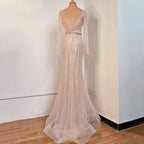 Luxury Champagne Sequin Beading Evening Dress with Long Sleeves and Backless Design BM bride