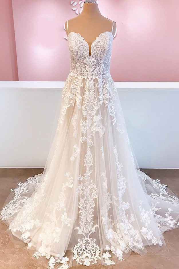Spaghetti Strap A-Line Tulle Backless Wedding Dress with Lace Appliques BM bride