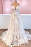 Spaghetti Strap A-Line Tulle Backless Wedding Dress with Lace Appliques BM bride