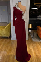 Green Long Sleeve One-Shoulder Beaded Mermaid Prom Dress BM bride