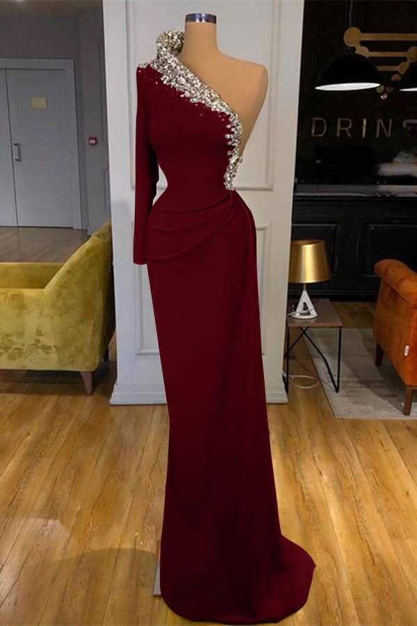 Green Long Sleeve One-Shoulder Beaded Mermaid Prom Dress BM bride
