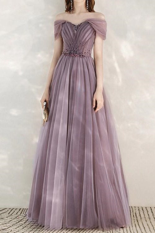 Elegant Infinity Tulle Off the Shoulder Sweetheart Long Prom Dress With Sequins BMBRIDE