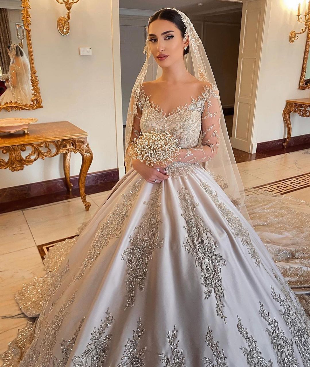 Gorgeous Sweetheart Long Sleeve Satin Wedding Dress with Beadings and Pearls BM bride