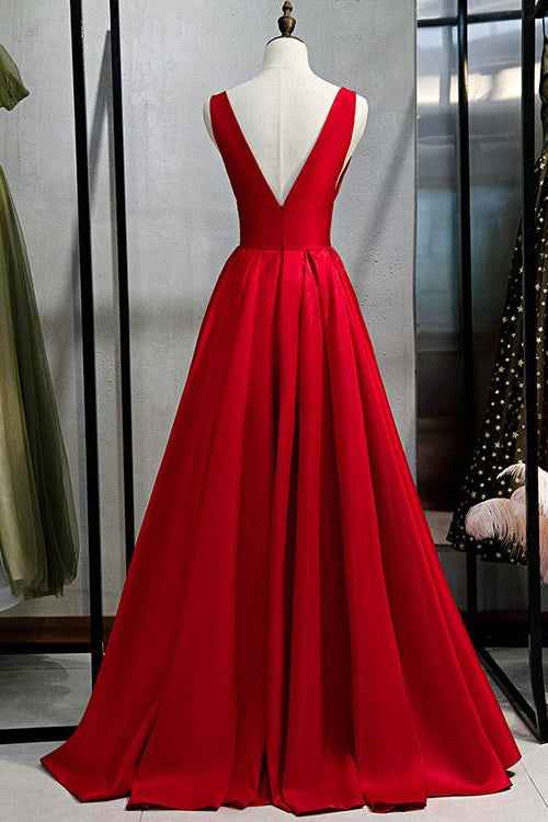 Elegant Red Deep V Neck Sleeveless Backless A Line Prom Dress Online