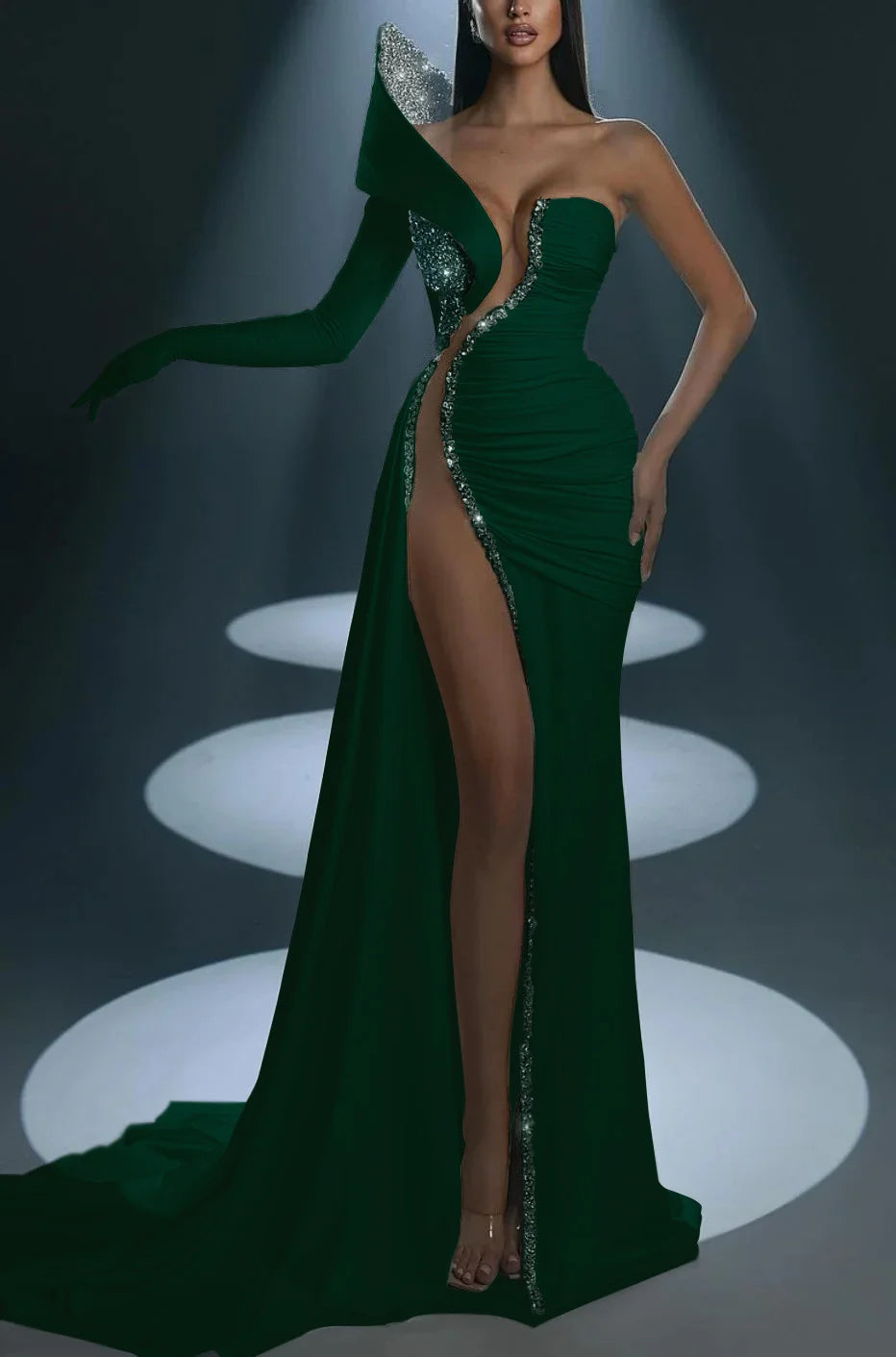 White Prom Dress With Gloves Long Mermaid One Shoulder With High Slit