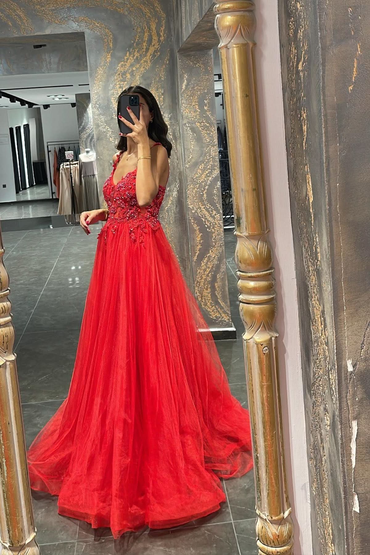 Elegant Spaghetti-Strap Mermaid Prom Dress with Appliques and Beadings BM bride