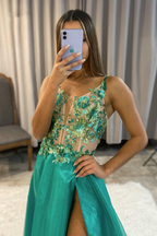 Green Appliques A Line Sleeveless Long Prom Dress With Slit