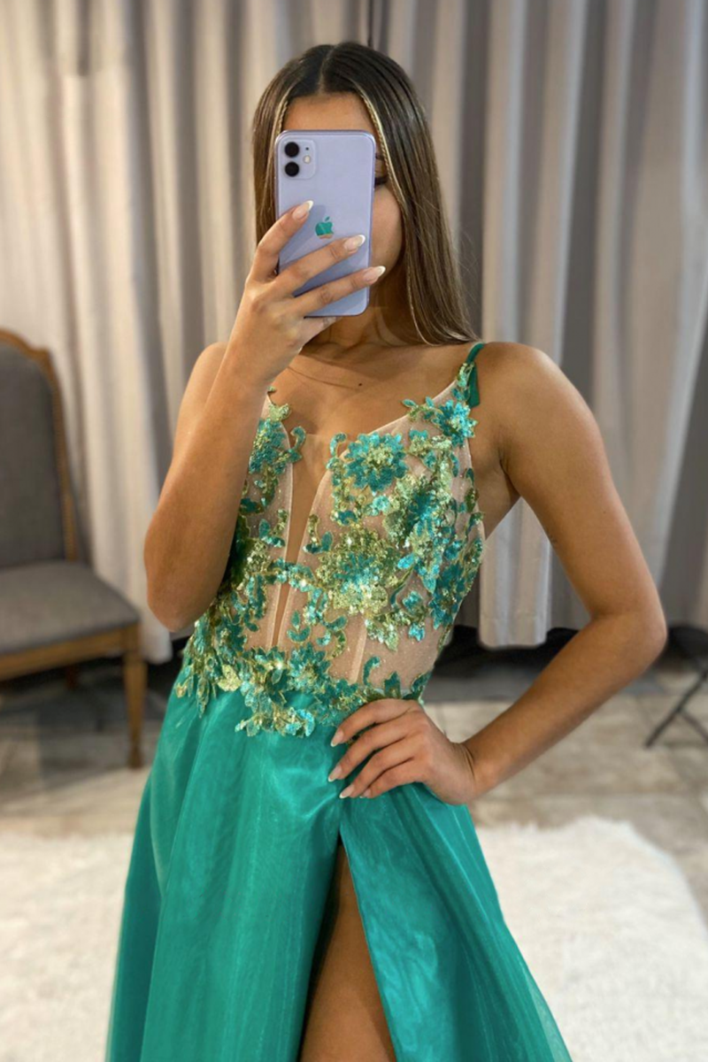 Green Appliques A Line Sleeveless Long Prom Dress With Slit
