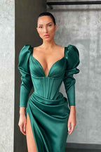 Chic V Neck Long Sleeves Pleated Long Mermaid Prom Dress With High Split