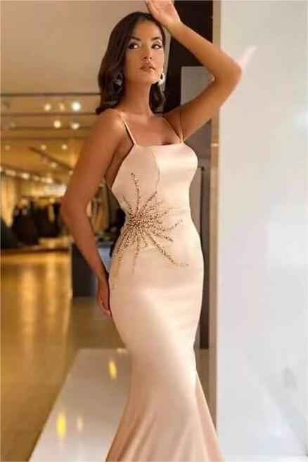 Pearl Pink Long Mermaid Spaghetti Strap Sleeveless Prom Dress With Beadings