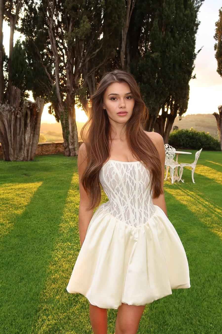 Strapless Sleeveless A Line Short Prom Dress With Pleated Lace BMBRIDE