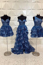 Sparkly Blue Corset Top Spaghetti Straps A-Line Lace Short Homecoming Dress