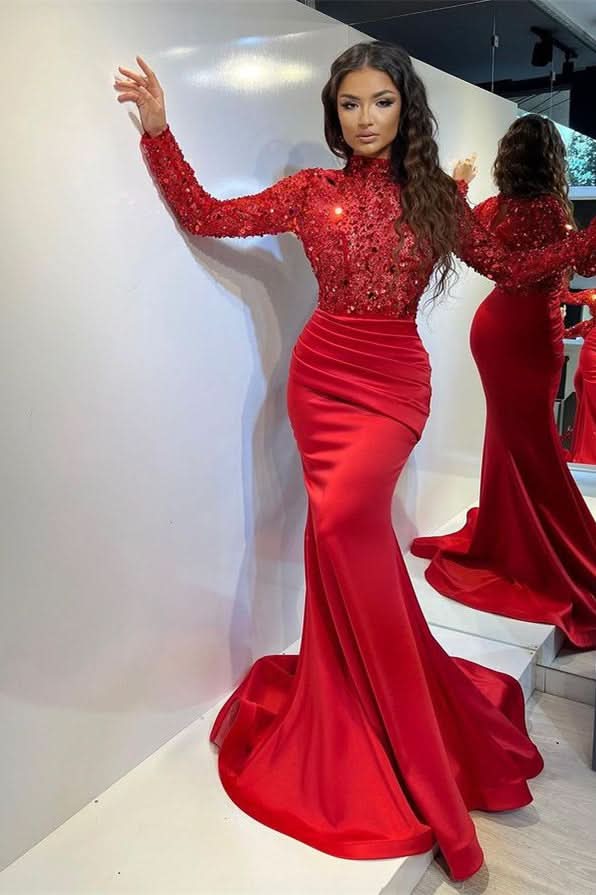 Classic Red Long Sleeves Pleated Mermaid Prom Dress BM bride