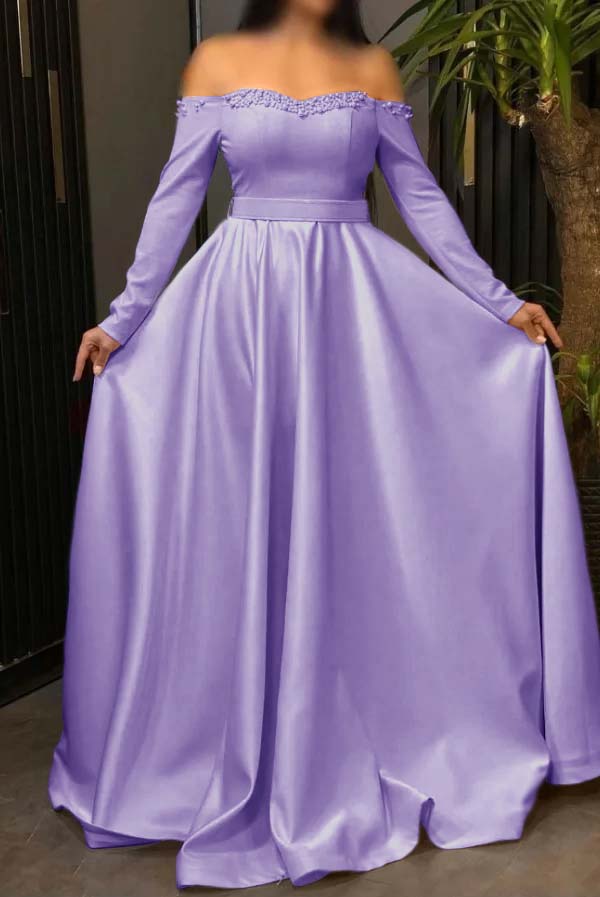 Off the Shoulder Long Sleeves Long Prom Dress With Pleated Beading BMBRIDE