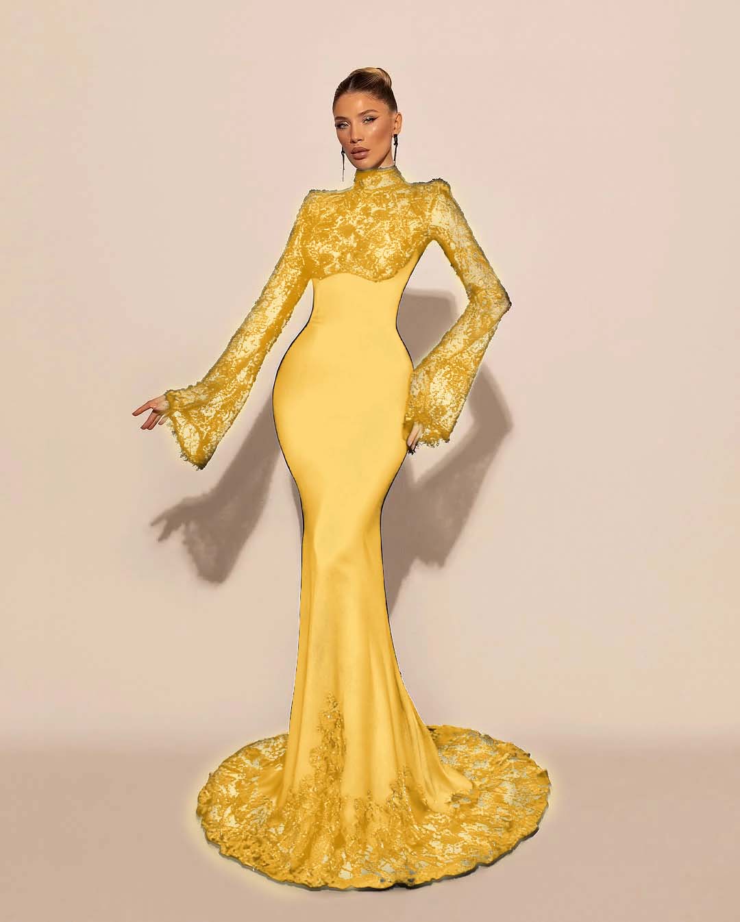 High Neck Lace Long Sleeves Long Mermaid Prom Dress With Pleated BMBRIDE